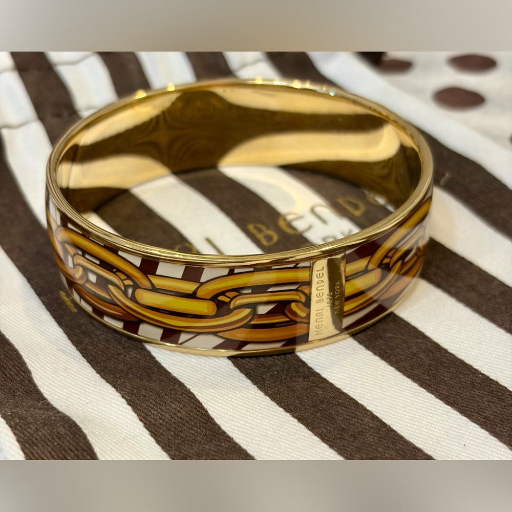 NWT RARE HENRI BENDEL Gold and Brown Enamel Chain-Print Bangle Bracelet/dust bag - Picture 4 of 9